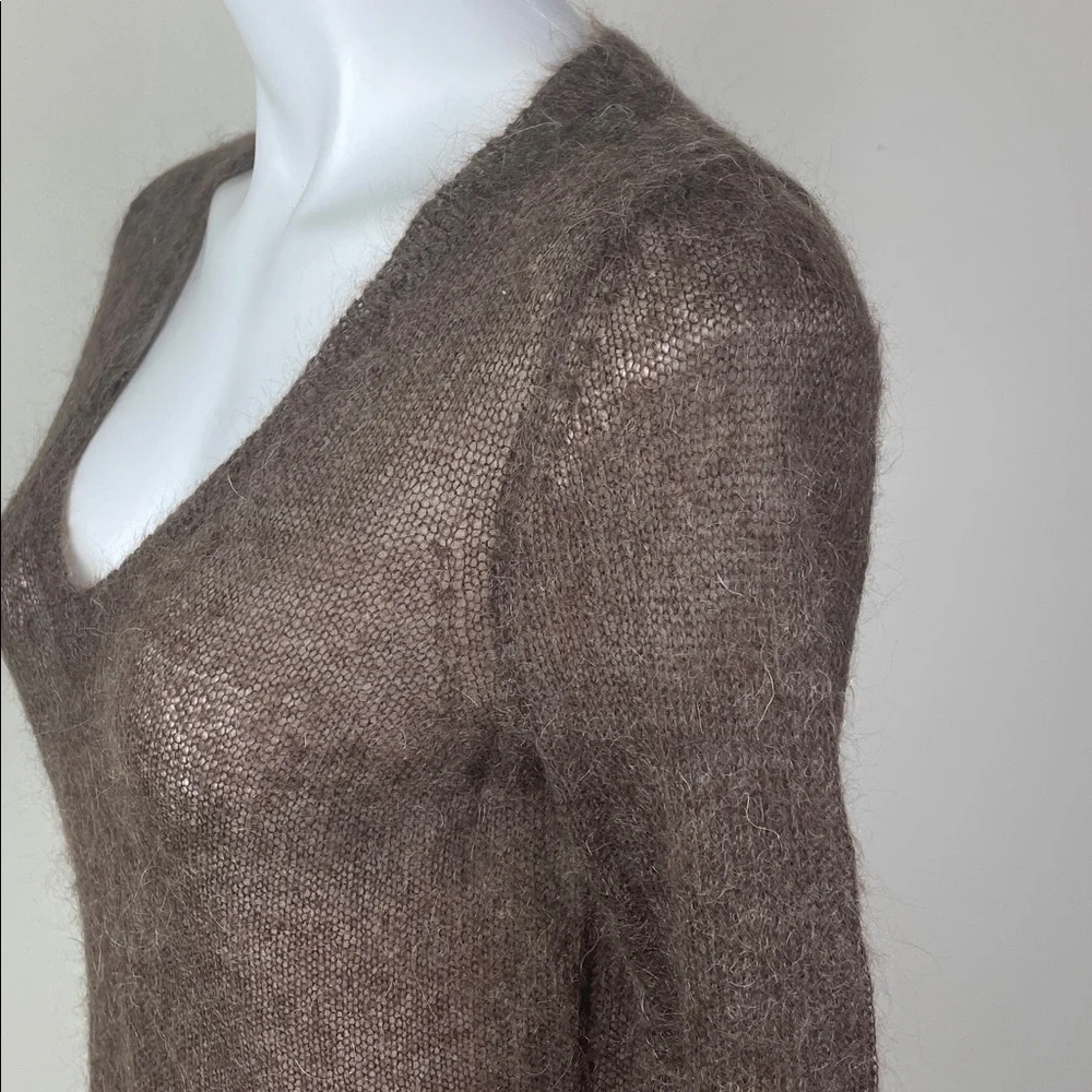 Super Fuzzy Sheer Mohair V-Neck Sweater Brown Distressed